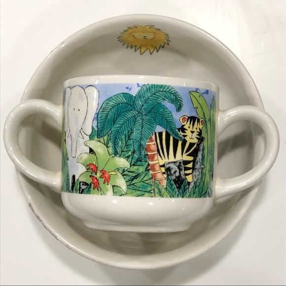 RETRONEU Everyday JUNGLE KIDS 2 Pc Stoneware Dining Set Double Handle Mug + Bowl - Picture 1 of 11